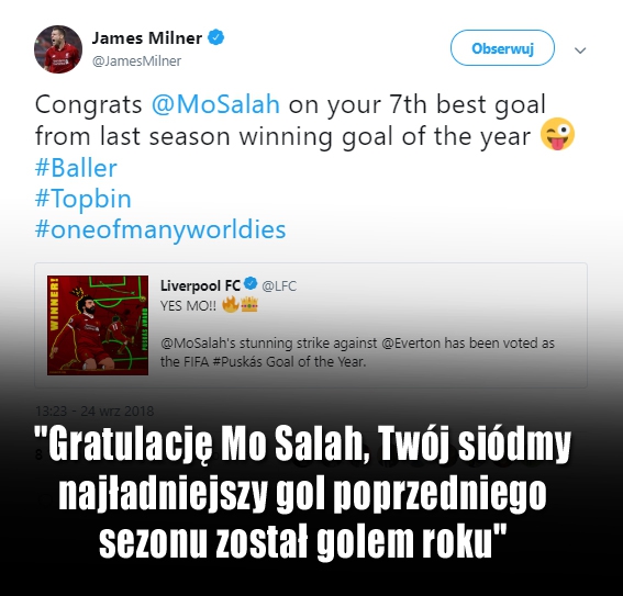 Tak Milner skomentował zwycięstwo Salaha... :D